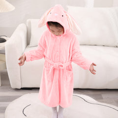 HOUSSE Bunny Kids Unisex Coral Fleece Hooded Bathrobe| 360 GSM Soft, Thick with Hoodie And Belt & Cute Ears | Highly Absorbent, Lightweight & Warm | 75 cm | 08-12 Years