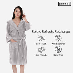 HOUSSE Bathrobe | 450 GSM Microfiber Bathrobe For Women & Men | Super Soft Bathrobe With Hoodie And Belt | Highly Absorbent, Lightweight & Warm | 102 cm Long | Size-L | Pack of 1
