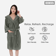 HOUSSE Bathrobe | 450 GSM Microfiber Bathrobe For Women & Men | Super Soft Bathrobe With Hoodie And Belt | Highly Absorbent, Lightweight & Warm | 102 cm Long | Size-L | Pack of 1