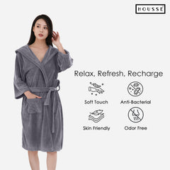 HOUSSE Bathrobe | 450 GSM Microfiber Bathrobe For Women & Men | Super Soft Bathrobe With Hoodie And Belt | Highly Absorbent, Lightweight & Warm | 102 cm Long | Size-L | Pack of 1