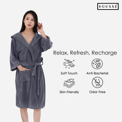 HOUSSE Bathrobe | 450 GSM Microfiber Bathrobe For Women & Men | Super Soft Bathrobe With Hoodie And Belt | Highly Absorbent, Lightweight & Warm | 102 cm Long | Size-L | Pack of 1