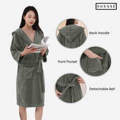 HOUSSE Bathrobe | 450 GSM Microfiber Bathrobe For Women & Men | Super Soft Bathrobe With Hoodie And Belt | Highly Absorbent, Lightweight & Warm | 102 cm Long | Size-L | Pack of 1
