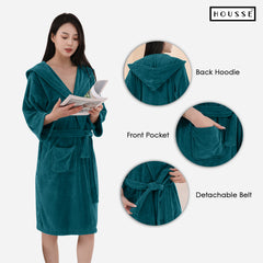 HOUSSE Bathrobe | 450 GSM Microfiber Bathrobe For Women & Men | Super Soft Bathrobe With Hoodie And Belt | Highly Absorbent, Lightweight & Warm | 102 cm Long | Size-L | Pack of 1