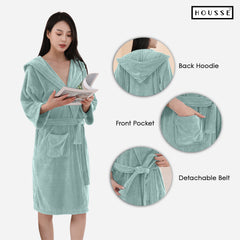 HOUSSE Bathrobe | 450 GSM Microfiber Bathrobe For Women & Men | Super Soft Bathrobe With Hoodie And Belt | Highly Absorbent, Lightweight & Warm | 102 cm Long | Size-L | Pack of 1