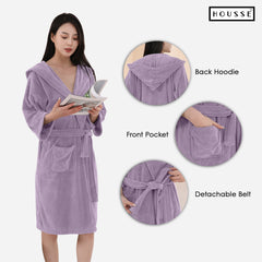 HOUSSE Bathrobe | 450 GSM Microfiber Bathrobe For Women & Men | Super Soft Bathrobe With Hoodie And Belt | Highly Absorbent, Lightweight & Warm | 102 cm Long | Size-L | Pack of 1