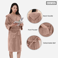 HOUSSE Bathrobe | 450 GSM Microfiber Bathrobe For Women & Men | Super Soft Bathrobe With Hoodie And Belt | Highly Absorbent, Lightweight & Warm | 102 cm Long | Size-L | Pack of 1