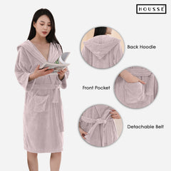 HOUSSE Bathrobe | 450 GSM Microfiber Bathrobe For Women & Men | Super Soft Bathrobe With Hoodie And Belt | Highly Absorbent, Lightweight & Warm | 102 cm Long | Size-L | Pack of 1