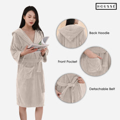 HOUSSE Bathrobe | 450 GSM Microfiber Bathrobe For Women & Men | Super Soft Bathrobe With Hoodie And Belt | Highly Absorbent, Lightweight & Warm | 102 cm Long | Size-L | Pack of 1