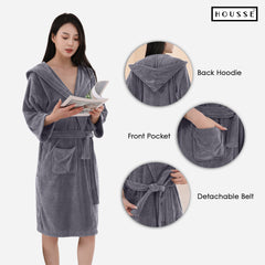 HOUSSE Bathrobe | 450 GSM Microfiber Bathrobe For Women & Men | Super Soft Bathrobe With Hoodie And Belt | Highly Absorbent, Lightweight & Warm | 102 cm Long | Size-L | Pack of 1
