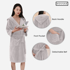 HOUSSE Bathrobe | 450 GSM Microfiber Bathrobe For Women & Men | Super Soft Bathrobe With Hoodie And Belt | Highly Absorbent, Lightweight & Warm | 102 cm Long | Size-L | Pack of 1