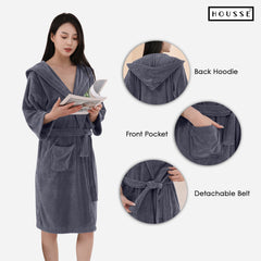 HOUSSE Bathrobe | 450 GSM Microfiber Bathrobe For Women & Men | Super Soft Bathrobe With Hoodie And Belt | Highly Absorbent, Lightweight & Warm | 102 cm Long | Size-L | Pack of 1