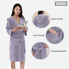 HOUSSE Bathrobe | 450 GSM Microfiber Bathrobe For Women & Men | Super Soft Bathrobe With Hoodie And Belt | Highly Absorbent, Lightweight & Warm | 102 cm Long | Size-L | Pack of 1