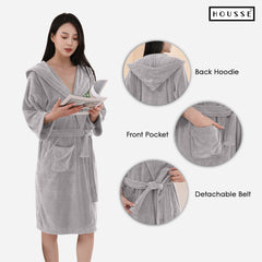 HOUSSE Bathrobe | 450 GSM Microfiber Bathrobe For Women & Men | Super Soft Bathrobe With Hoodie And Belt | Highly Absorbent, Lightweight & Warm | 102 cm Long | Size-L | Pack of 1