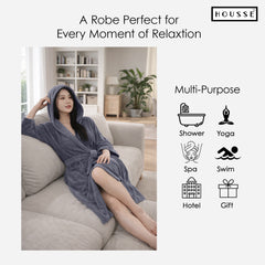 HOUSSE Bathrobe | 450 GSM Microfiber Bathrobe For Women & Men | Super Soft Bathrobe With Hoodie And Belt | Highly Absorbent, Lightweight & Warm | 102 cm Long | Size-L | Pack of 1