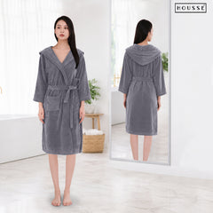 HOUSSE Bathrobe | 450 GSM Microfiber Bathrobe For Women & Men | Super Soft Bathrobe With Hoodie And Belt | Highly Absorbent, Lightweight & Warm | 102 cm Long | Size-L | Pack of 1