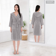 HOUSSE Bathrobe | 450 GSM Microfiber Bathrobe For Women & Men | Super Soft Bathrobe With Hoodie And Belt | Highly Absorbent, Lightweight & Warm | 102 cm Long | Size-L | Pack of 1