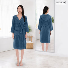HOUSSE Bathrobe | 450 GSM Microfiber Bathrobe For Women & Men | Super Soft Bathrobe With Hoodie And Belt | Highly Absorbent, Lightweight & Warm | 102 cm Long | Size-L | Pack of 1