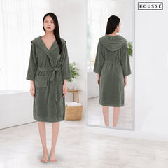 HOUSSE Bathrobe | 450 GSM Microfiber Bathrobe For Women & Men | Super Soft Bathrobe With Hoodie And Belt | Highly Absorbent, Lightweight & Warm | 102 cm Long | Size-L | Pack of 1