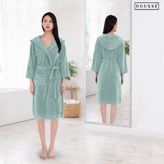 HOUSSE Bathrobe | 450 GSM Microfiber Bathrobe For Women & Men | Super Soft Bathrobe With Hoodie And Belt | Highly Absorbent, Lightweight & Warm | 102 cm Long | Size-L | Pack of 1
