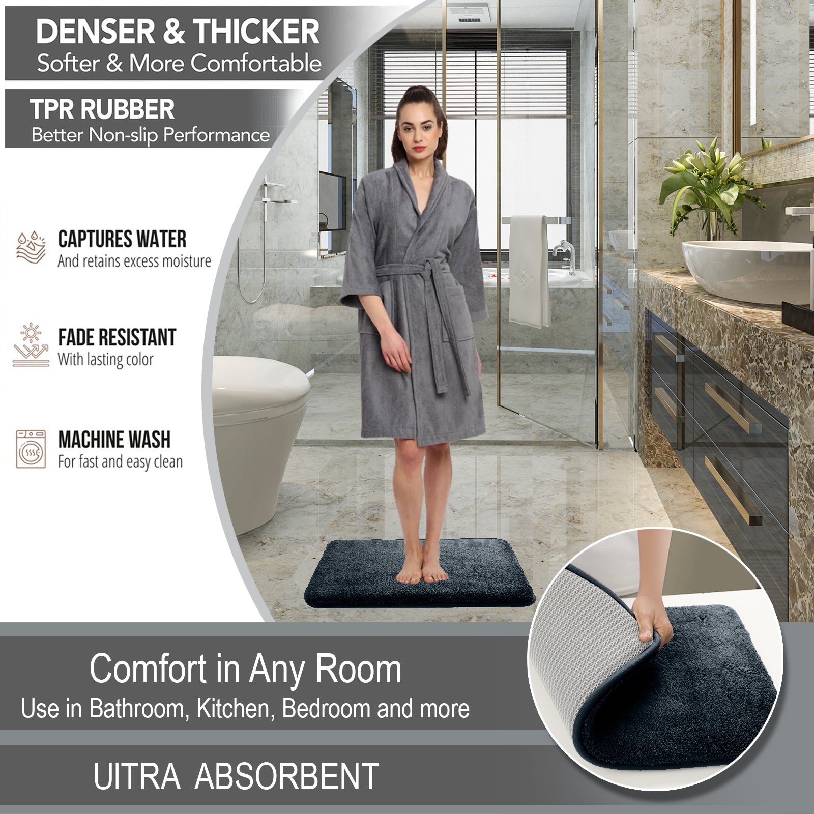 HOUSSE Anti Skid Ultra Absorbent Fluffy High Pile Plush Bathmat