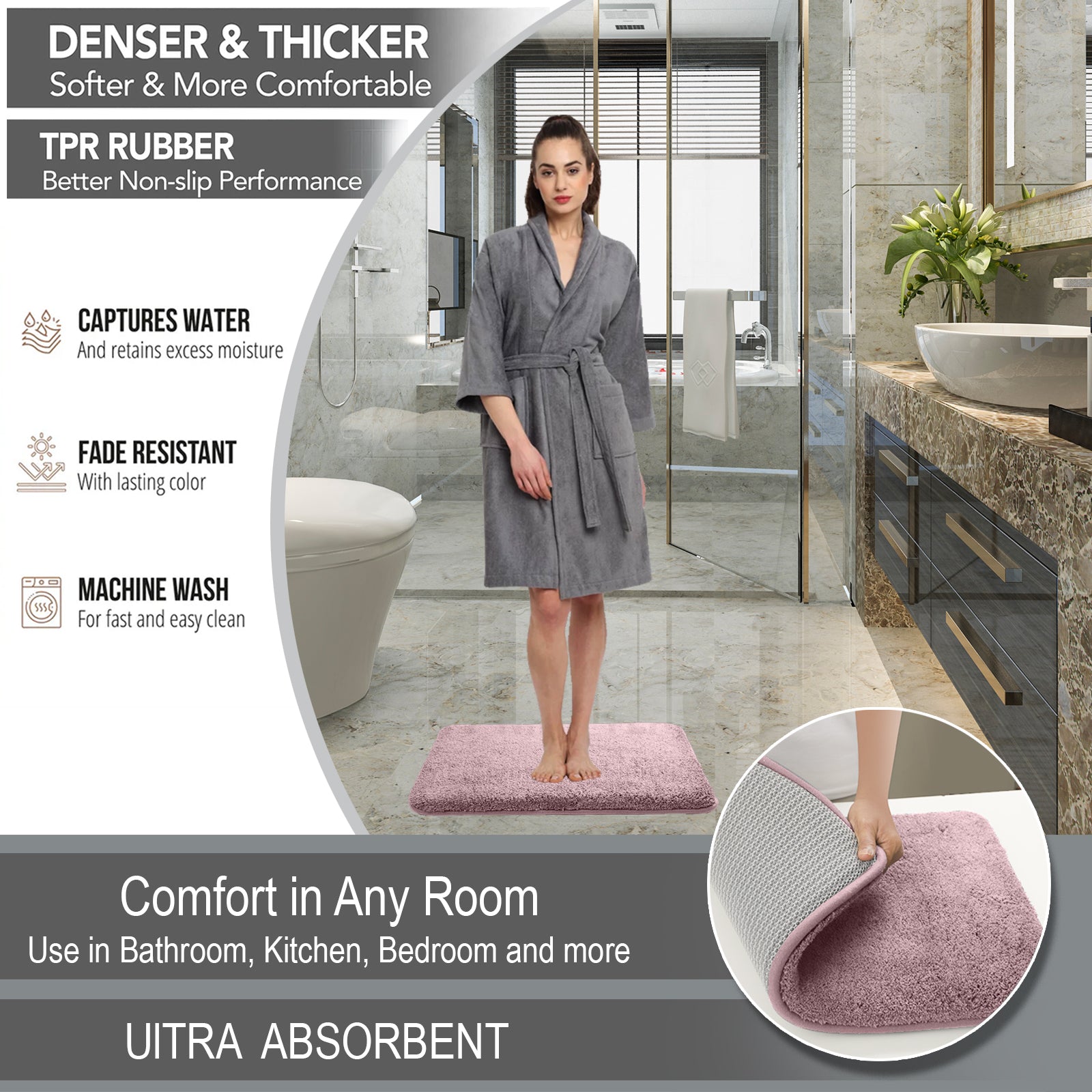 HOUSSE Anti Skid Ultra Absorbent Fluffy High Pile Plush Bathmat