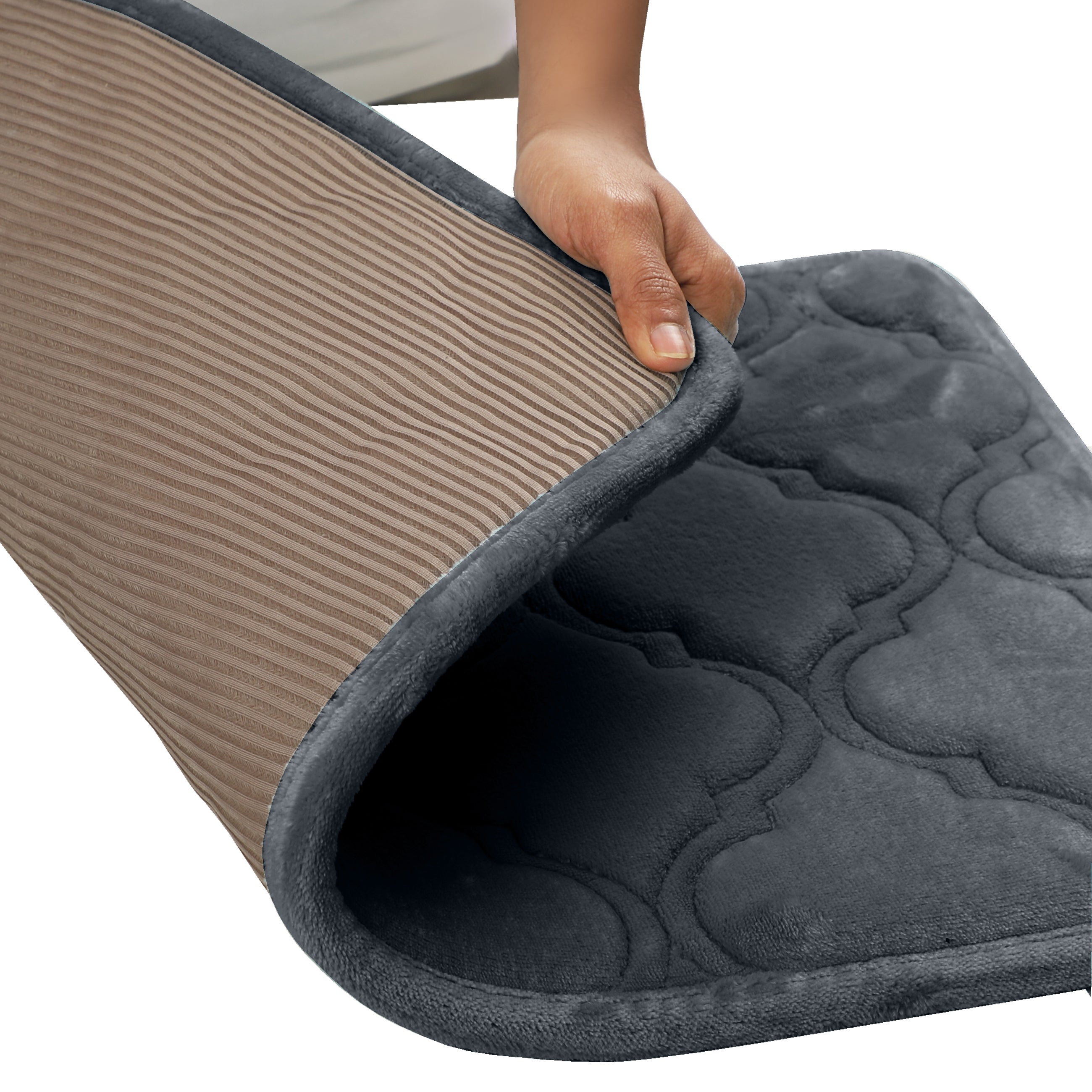 HOUSSE Microfiber Pure Comfort 300 GSM Flannel +15MM Memory Form +3D Striped Mesh Bath Mats, Non-Slip, Quick Absorbent, 40 x 60 cm Rugs,Floor Mats | Versatile Usage. (Set of 2)