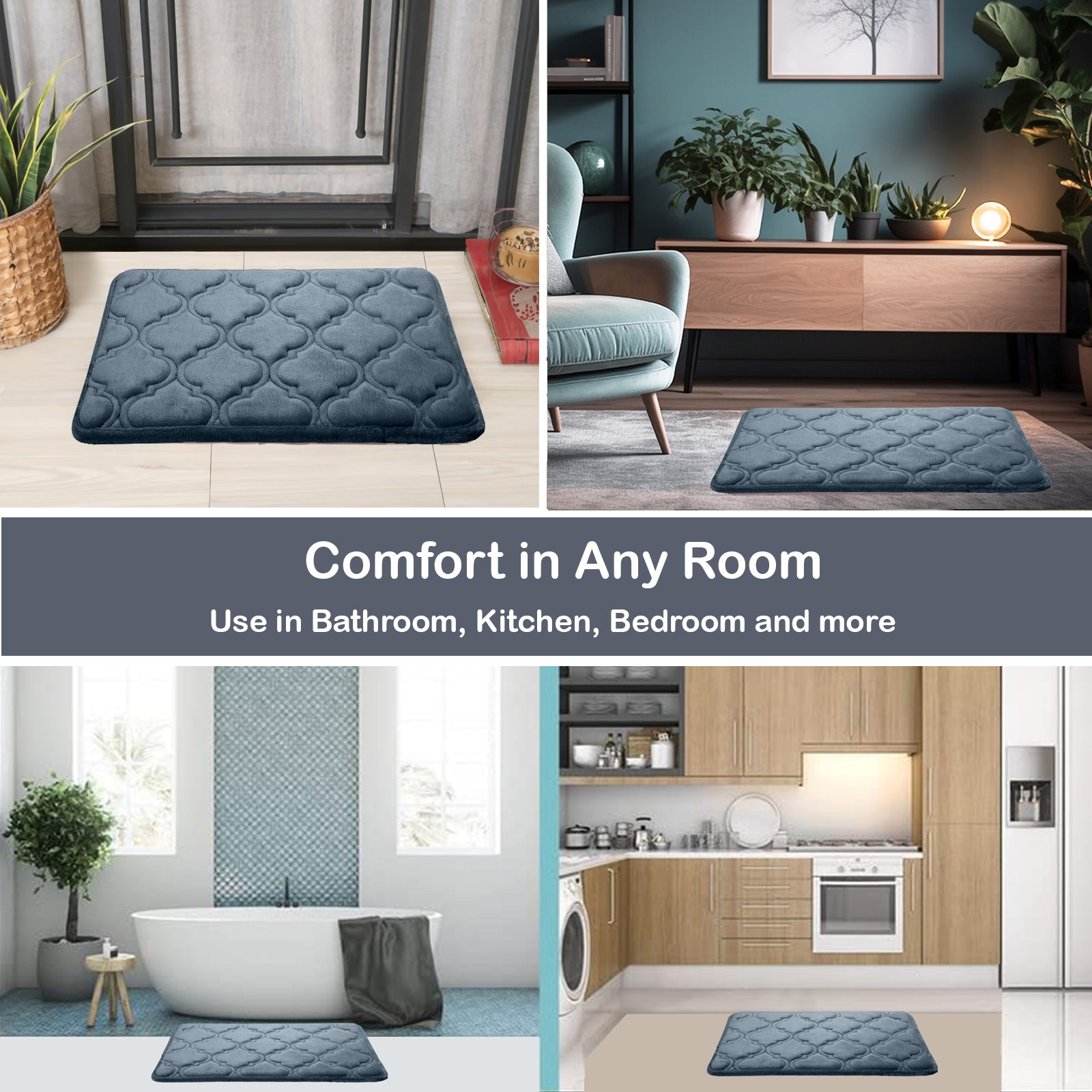 HOUSSE Microfiber Pure Comfort 300 GSM Flannel +15MM Memory Form +3D Striped Mesh Bath Mats, Non-Slip, Quick Absorbent, 40 x 60 cm Rugs,Floor Mats | Versatile Usage. (Set of 2)