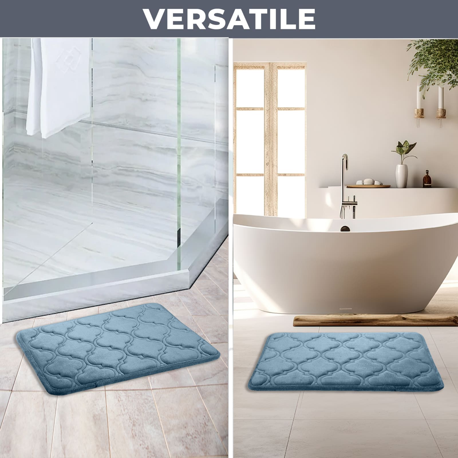 HOUSSE Microfiber Pure Comfort 300 GSM Flannel +15MM Memory Form +3D Striped Mesh Bath Mats, Non-Slip, Quick Absorbent, 40 x 60 cm Rugs,Floor Mats | Versatile Usage. (Set of 2)