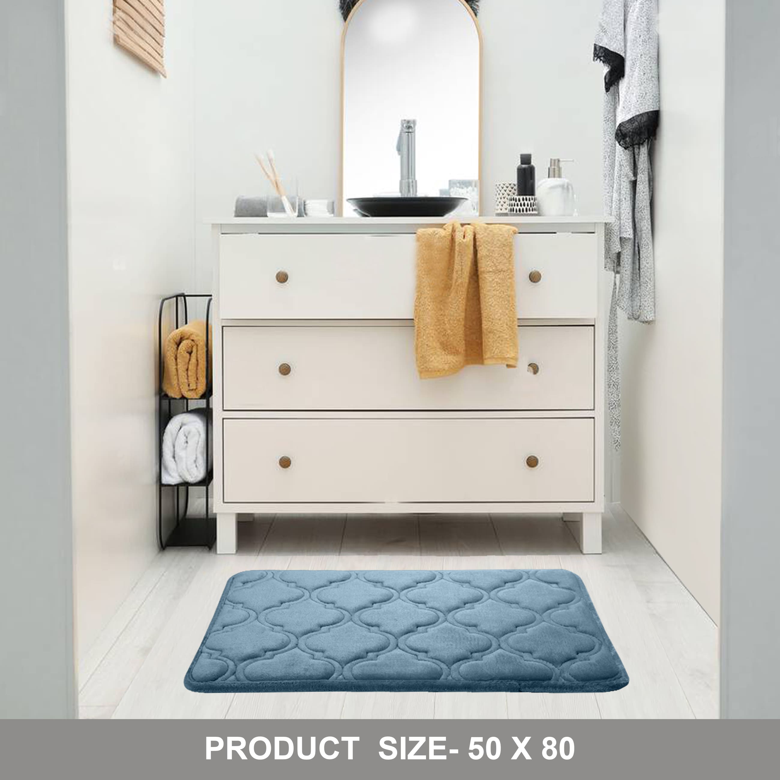 HOUSSE Microfiber Pure Comfort 300 GSM Flannel +15MM Memory Form +3D Striped Mesh Bath Mats, Non-Slip, Quick Absorbent, 40 x 60 cm Rugs,Floor Mats | Versatile Usage. (Set of 2)