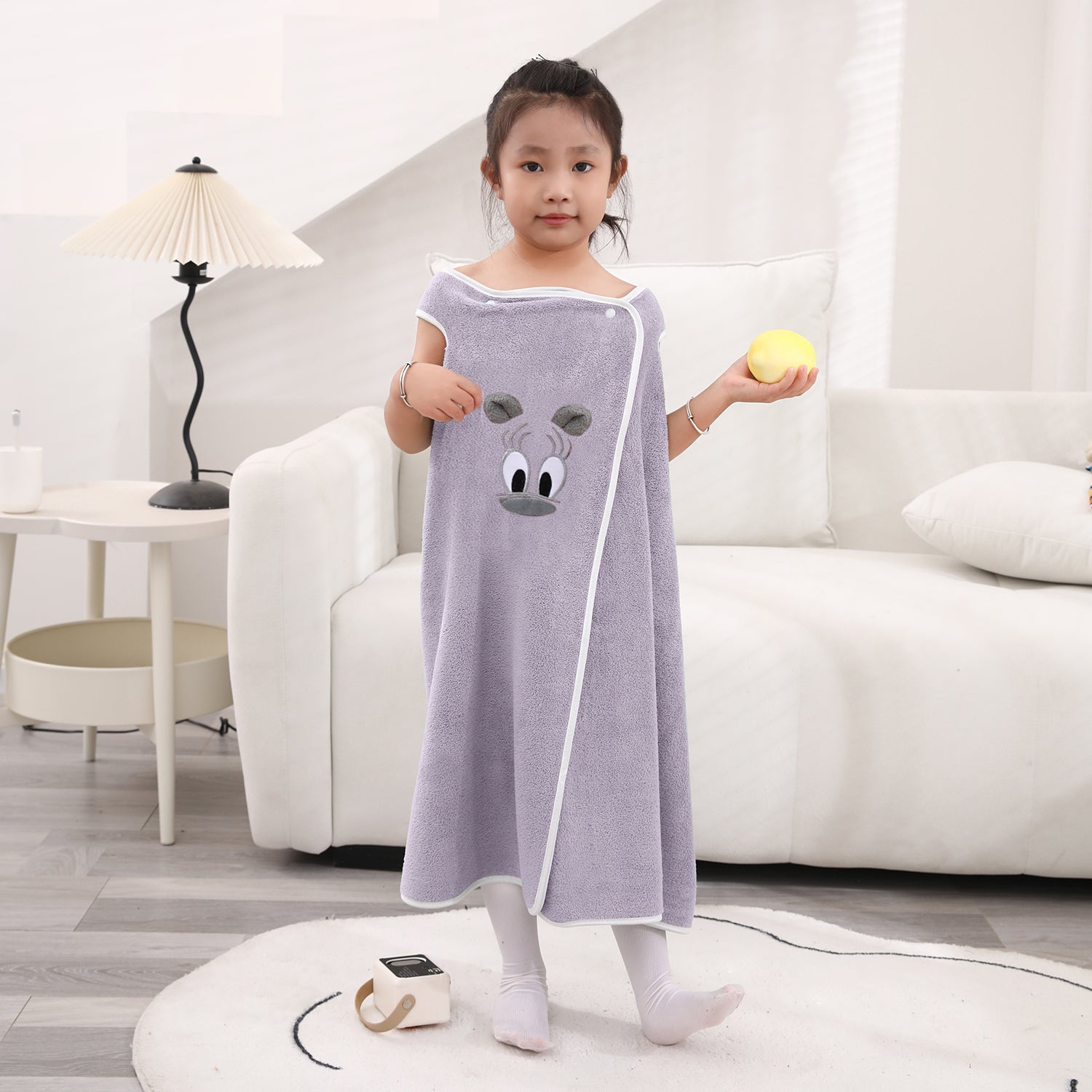 HOUSSE Cat Face Bath Dress for Kids 350 GSM – Wearable Spa Bathdress (65×110 cm) Soft Absorbent Quick-Dry Wrapped Bath Dress for Girls Age (7-9 Years) Gift for Daughter- Ivory Sand