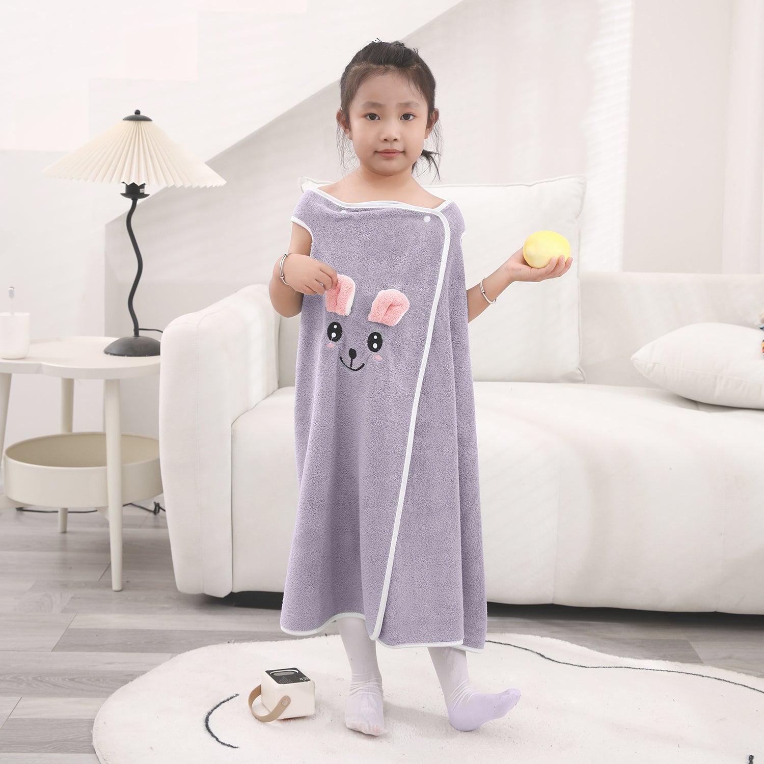 HOUSSE Cat Face Bath Dress for Kids 350 GSM – Wearable Spa Bathdress (65×110 cm) Soft Absorbent Quick-Dry Wrapped Bath Dress for Girls Age (7-9 Years) Gift for Daughter- Ivory Sand