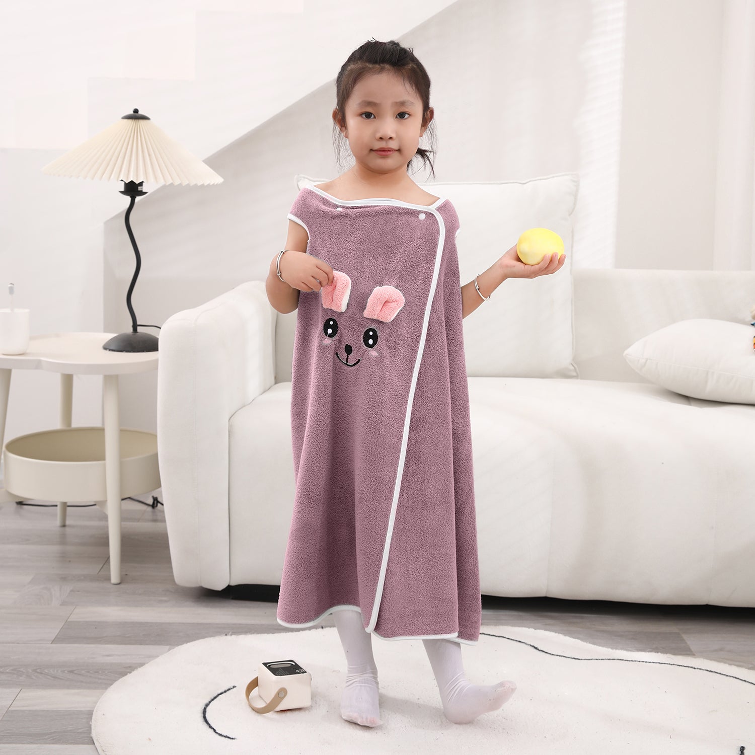 HOUSSE Cat Face Bath Dress for Kids 350 GSM – Wearable Spa Bathdress (65×110 cm) Soft Absorbent Quick-Dry Wrapped Bath Dress for Girls Age (7-9 Years) Gift for Daughter- Ivory Sand