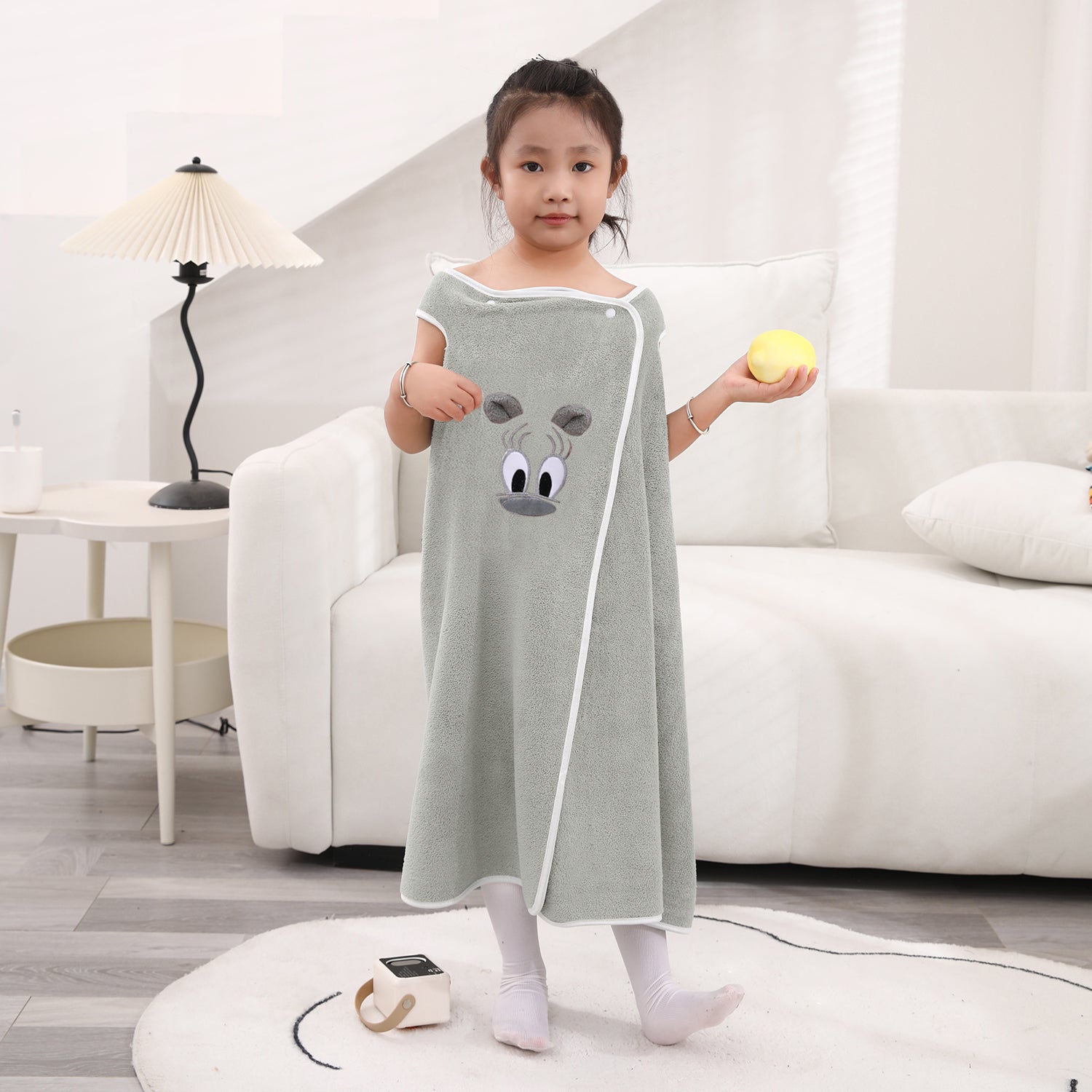 HOUSSE Cat Face Bath Dress for Kids 350 GSM – Wearable Spa Bathdress (65×110 cm) Soft Absorbent Quick-Dry Wrapped Bath Dress for Girls Age (7-9 Years) Gift for Daughter- Ivory Sand