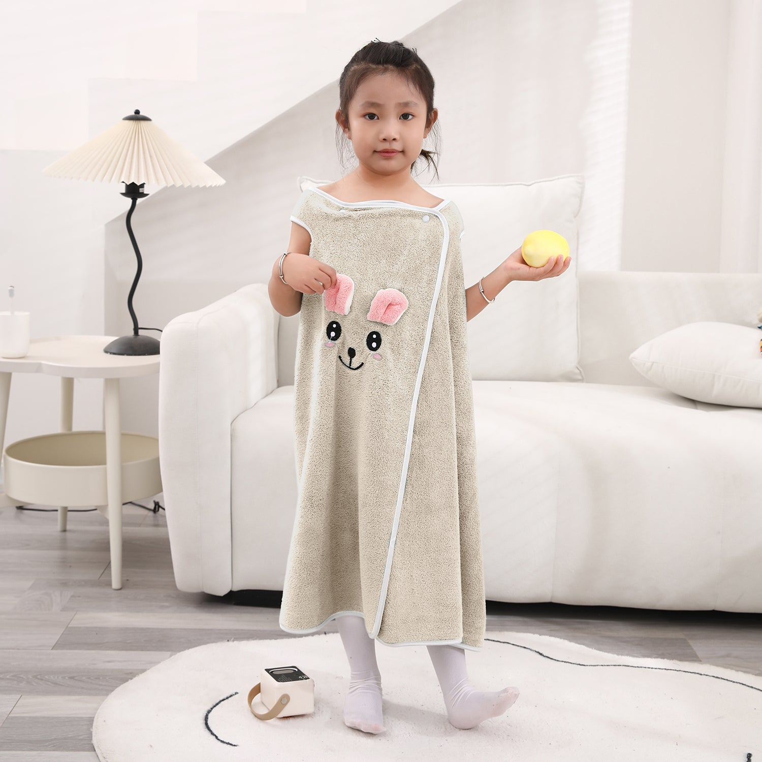 HOUSSE Cat Face Bath Dress for Kids 350 GSM – Wearable Spa Bathdress (65×110 cm) Soft Absorbent Quick-Dry Wrapped Bath Dress for Girls Age (7-9 Years) Gift for Daughter- Ivory Sand