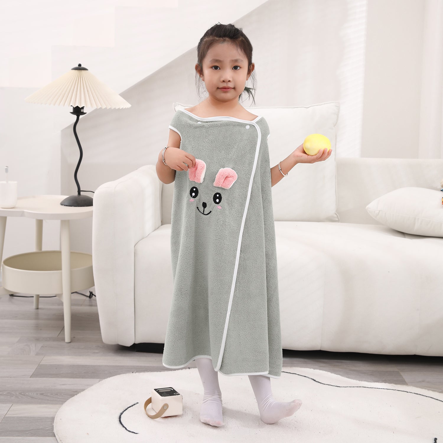 HOUSSE Cat Face Bath Dress for Kids 350 GSM – Wearable Spa Bathdress (65×110 cm) Soft Absorbent Quick-Dry Wrapped Bath Dress for Girls Age (7-9 Years) Gift for Daughter- Ivory Sand