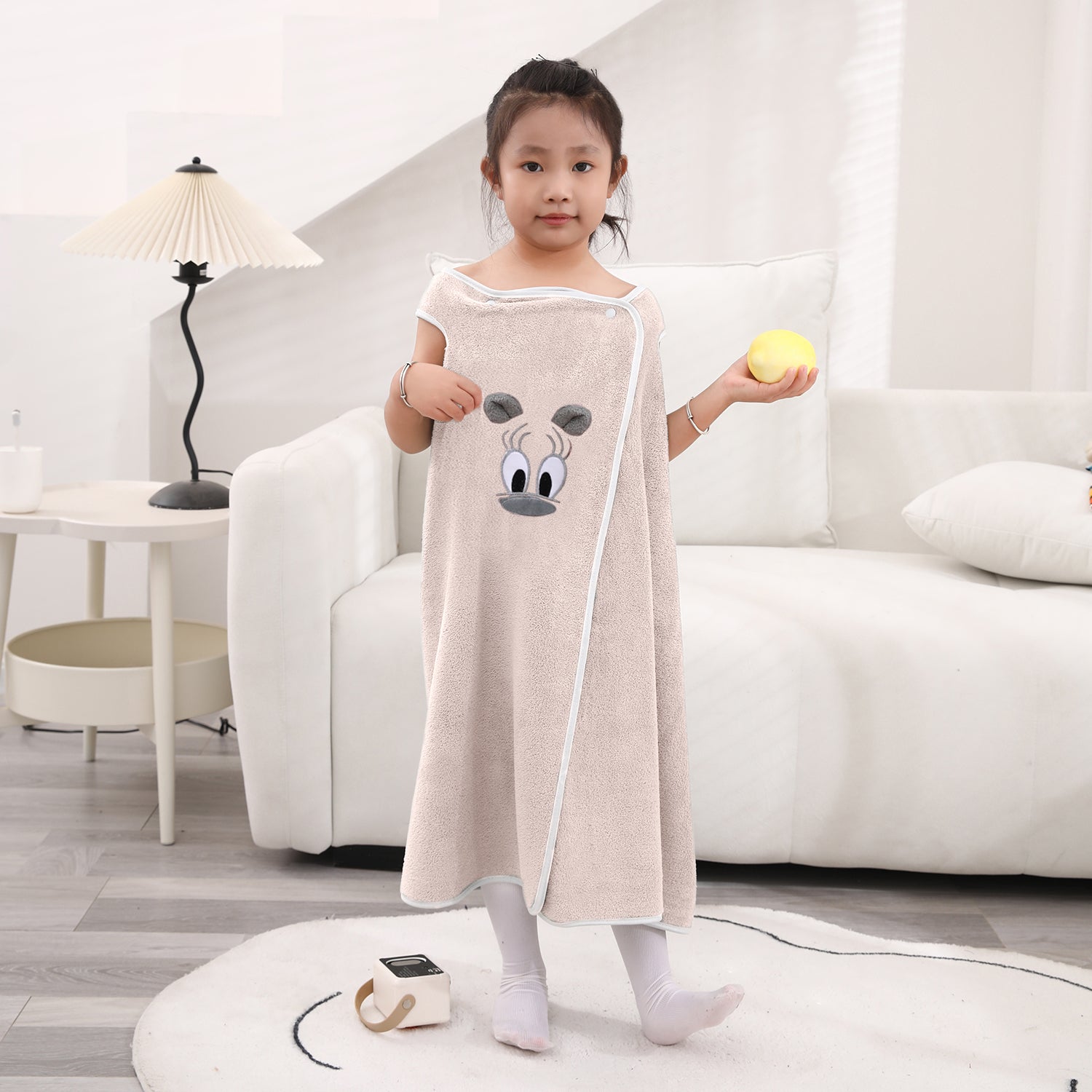 HOUSSE Cat Face Bath Dress for Kids 350 GSM – Wearable Spa Bathdress (65×110 cm) Soft Absorbent Quick-Dry Wrapped Bath Dress for Girls Age (7-9 Years) Gift for Daughter- Ivory Sand