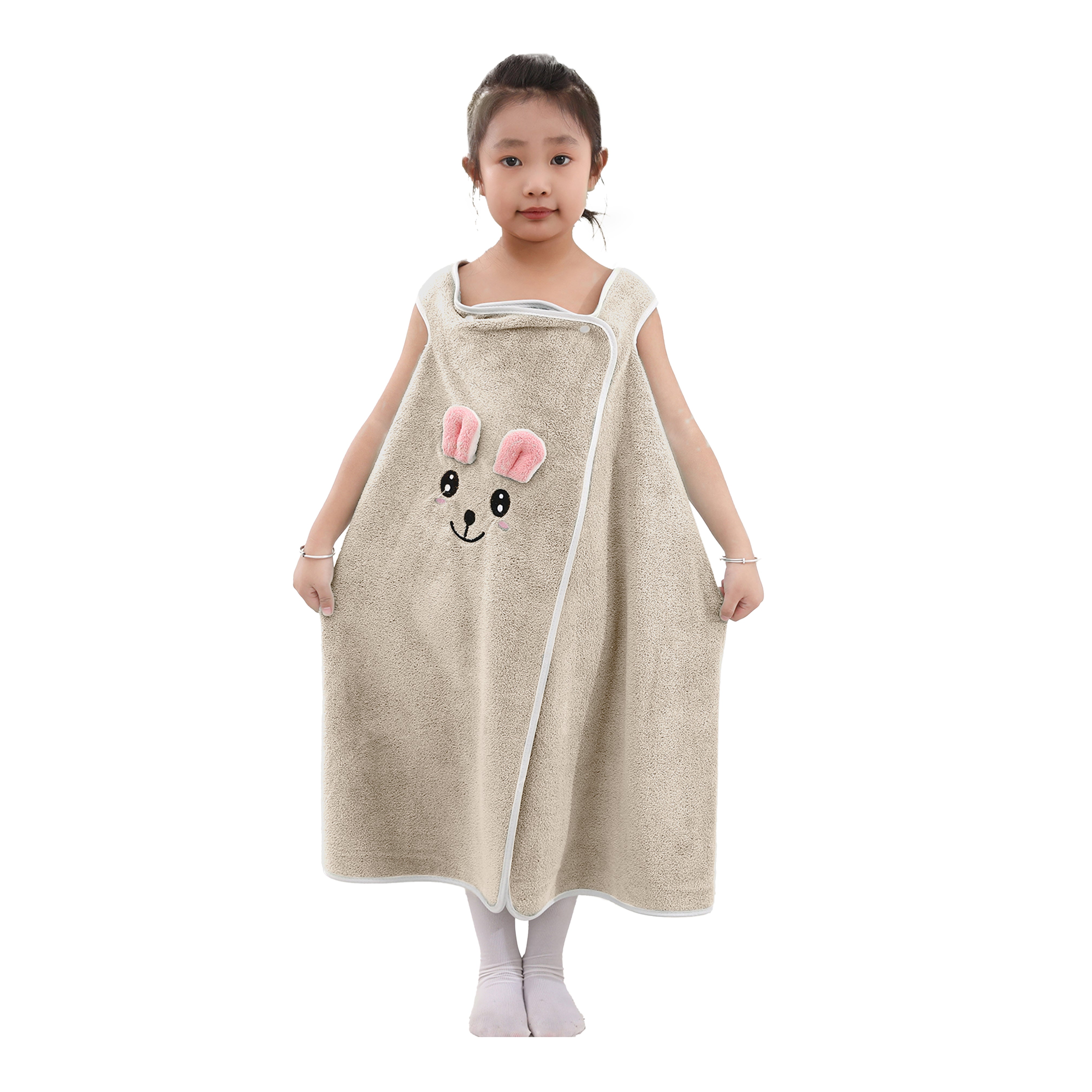 HOUSSE Cat Face Bath Dress for Kids 350 GSM – Wearable Spa Bathdress (65×110 cm) Soft Absorbent Quick-Dry Wrapped Bath Dress for Girls Age (7-9 Years) Gift for Daughter- Ivory Sand