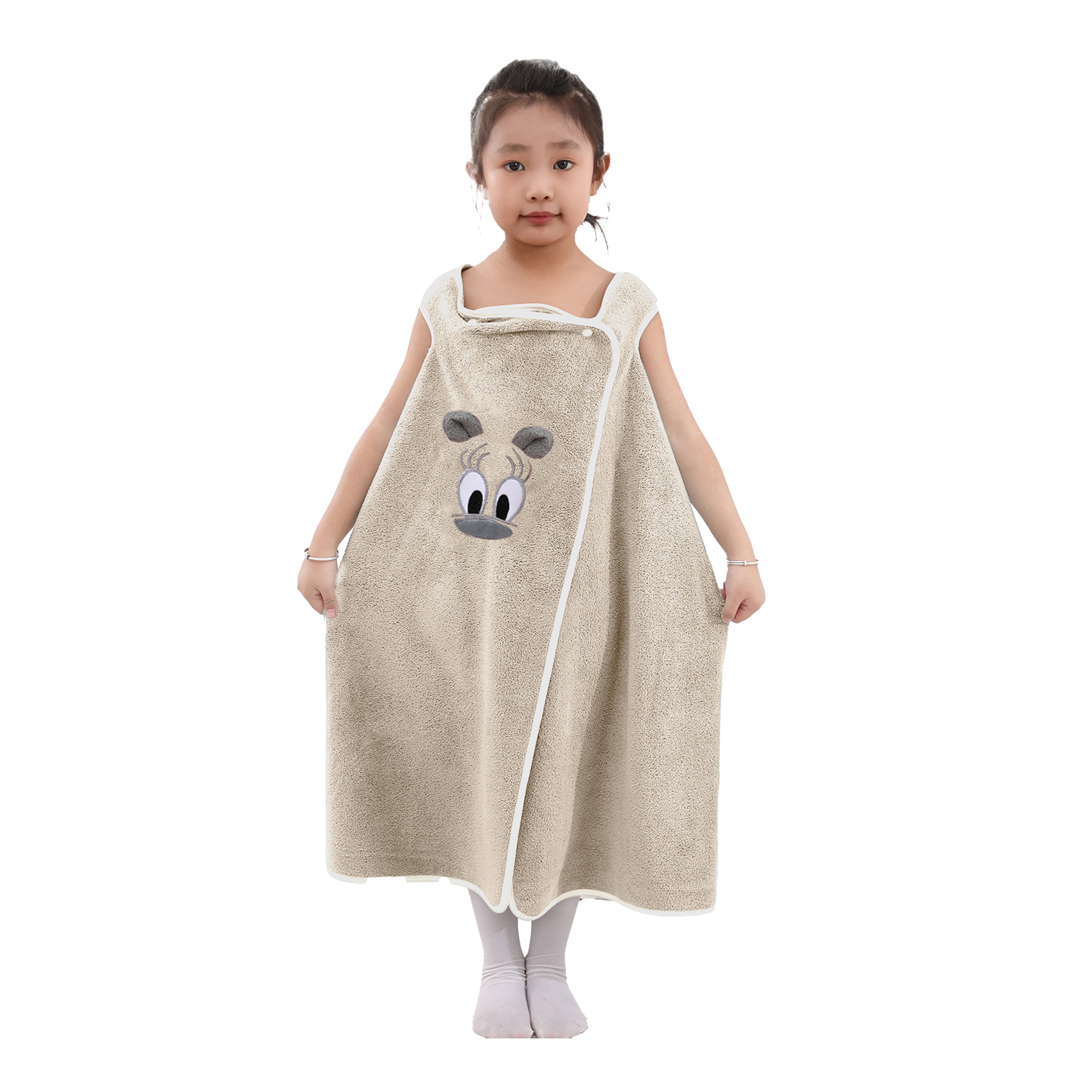 HOUSSE Cat Face Bath Dress for Kids 350 GSM – Wearable Spa Bathdress (65×110 cm) Soft Absorbent Quick-Dry Wrapped Bath Dress for Girls Age (7-9 Years) Gift for Daughter- Ivory Sand