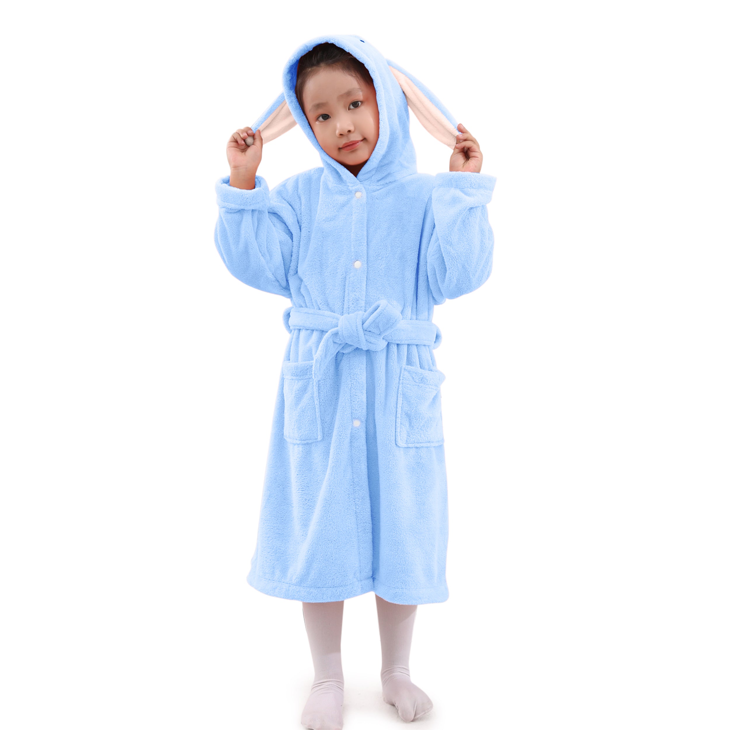 HOUSSE Bunny Kids Unisex Coral Fleece Hooded Bathrobe| 360 GSM Soft, Thick with Hoodie And Belt & Cute Ears | Highly Absorbent, Lightweight & Warm | 75 cm | 08-12 Years