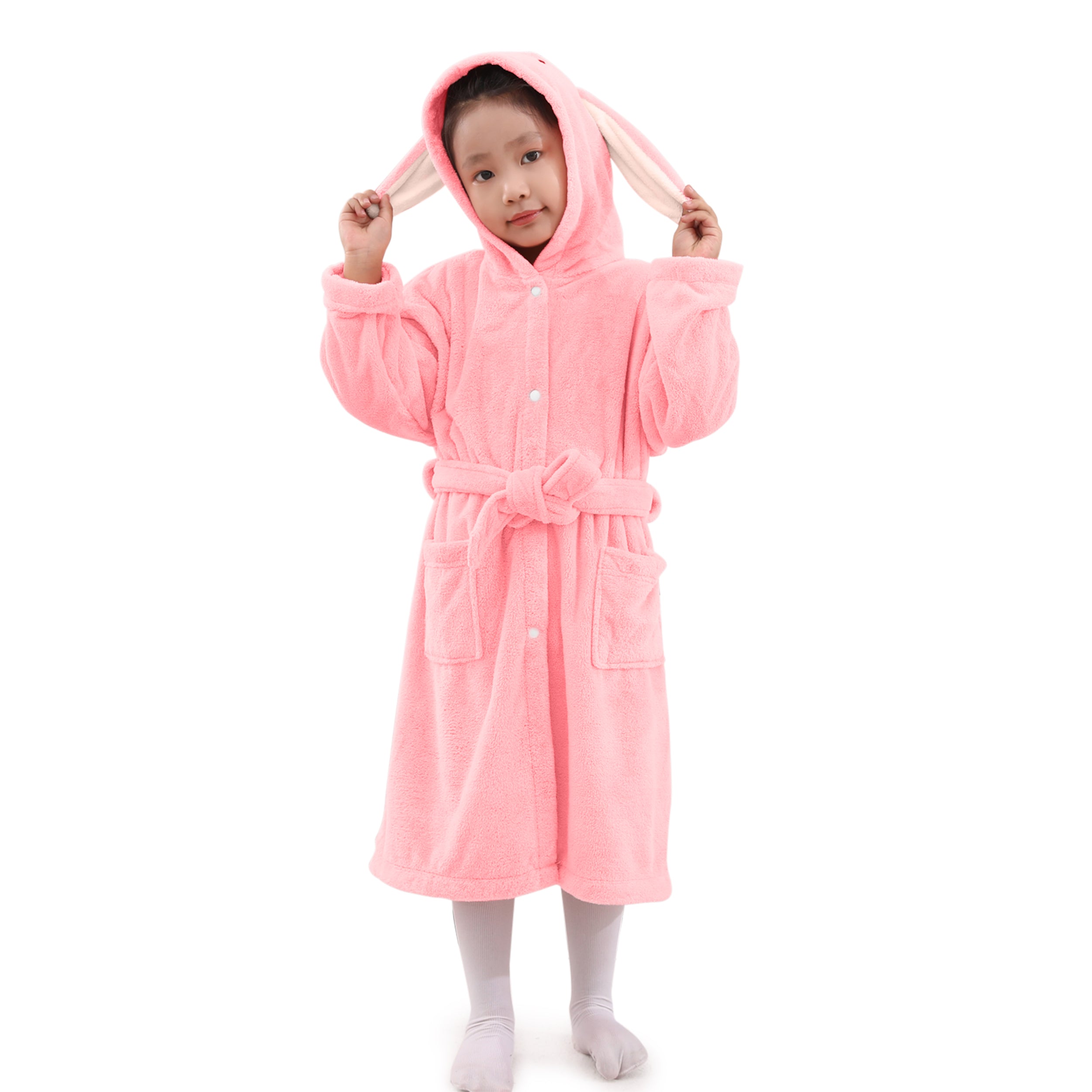 HOUSSE Bunny Kids Unisex Coral Fleece Hooded Bathrobe| 360 GSM Soft, Thick with Hoodie And Belt & Cute Ears | Highly Absorbent, Lightweight & Warm | 75 cm | 08-12 Years