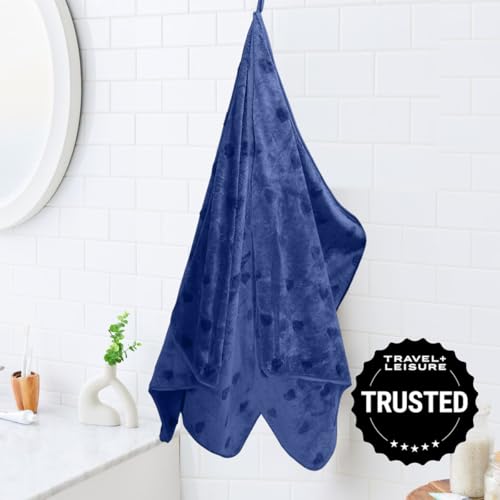 HOUSSE Microfiber Towels | Large Towels | Super Soft Coral Heart Pattern Fleece Towels, Quick-Dry | Super Absorbent with Hook Hanging | Ideal for Men & Women| 400 GSM | (Blue, 70x140 Bath Towel)