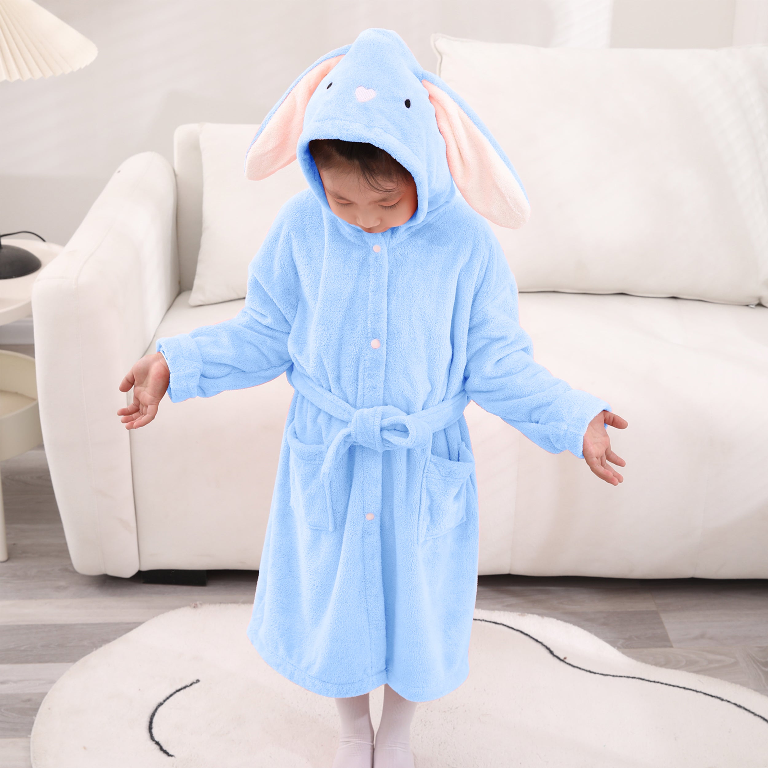 HOUSSE Bunny Kids Unisex Coral Fleece Hooded Bathrobe| 360 GSM Soft, Thick with Hoodie And Belt & Cute Ears | Highly Absorbent, Lightweight & Warm | 75 cm | 08-12 Years