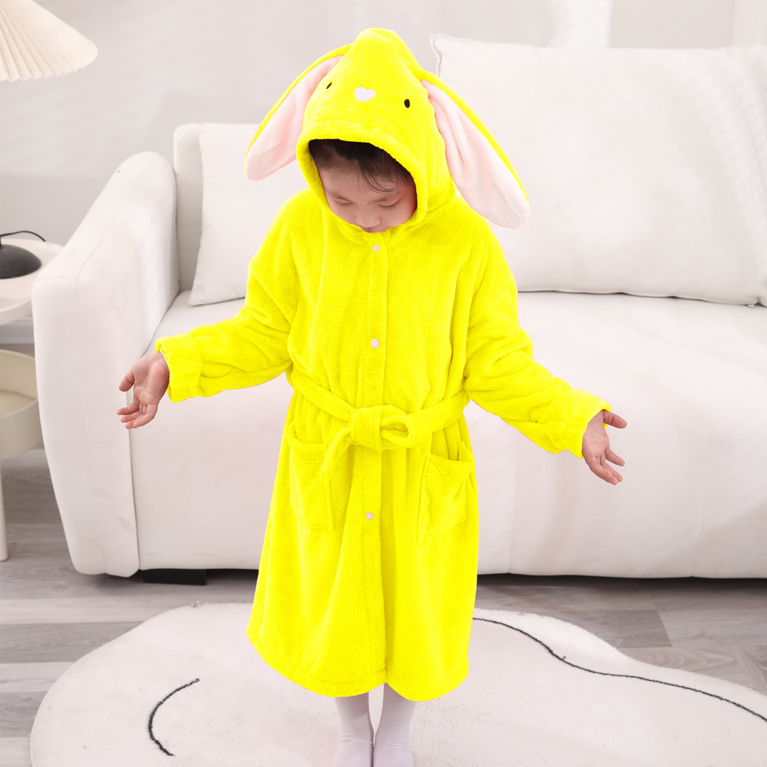 HOUSSE Bunny Kids Unisex Coral Fleece Hooded Bathrobe| 360 GSM Soft, Thick with Hoodie And Belt & Cute Ears | Highly Absorbent, Lightweight & Warm | 75 cm | 08-12 Years