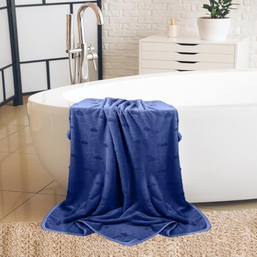 HOUSSE Microfiber Towels | Large Towels | Super Soft Coral Heart Pattern Fleece Towels, Quick-Dry | Super Absorbent with Hook Hanging | Ideal for Men & Women| 400 GSM | (Blue, 70x140 Bath Towel)