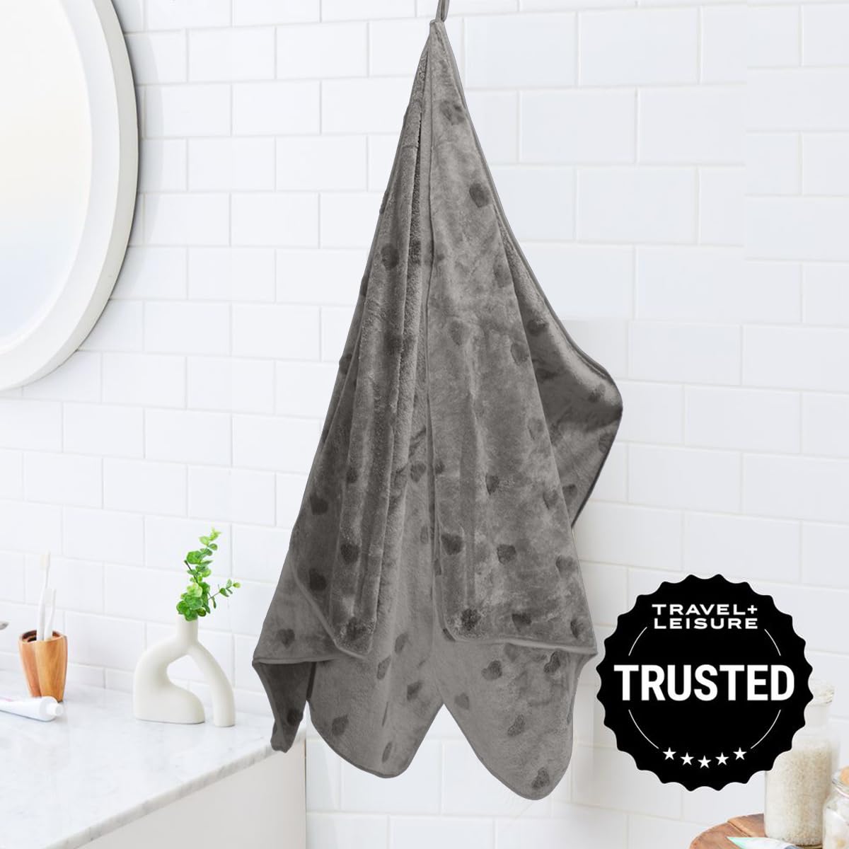 HOUSSE Microfiber Towels | Large Towels | Super Soft Coral Heart Pattern Fleece Towels, Quick-Dry | Super Absorbent with Hook Hanging | Ideal for Men & Women| 400 GSM | (Grey, 70x140 Bath Towel)