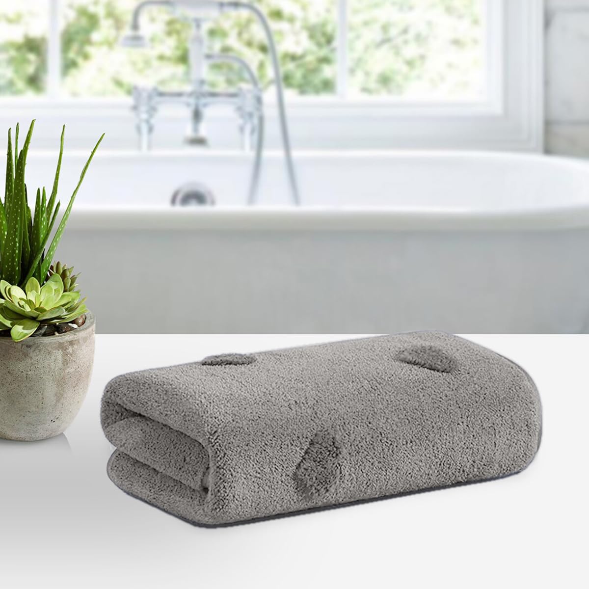 HOUSSE Microfiber Towels | Large Towels | Super Soft Coral Heart Pattern Fleece Towels, Quick-Dry | Super Absorbent with Hook Hanging | Ideal for Men & Women| 400 GSM | (Grey, 70x140 Bath Towel)