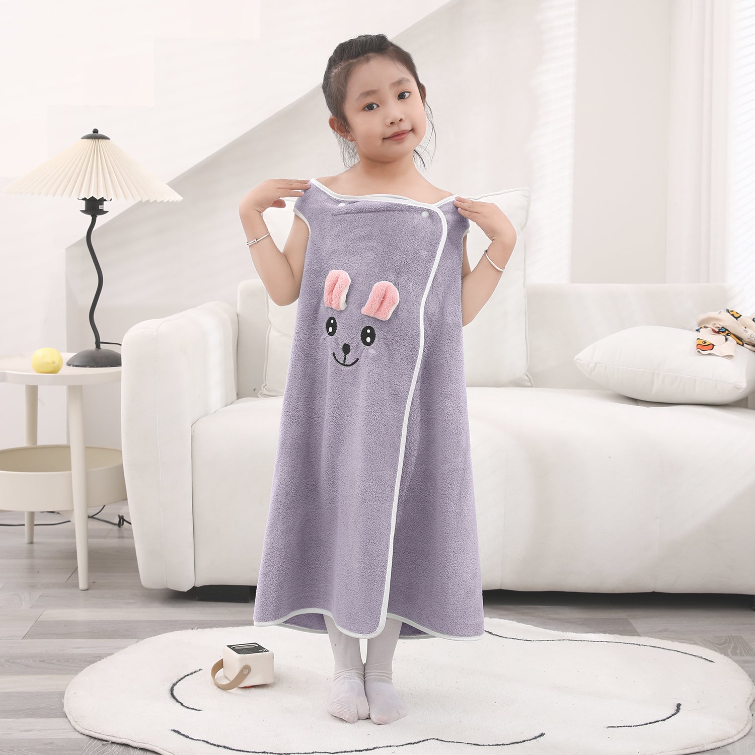 HOUSSE Cat Face Bath Dress for Kids 350 GSM – Wearable Spa Bathdress (65×110 cm) Soft Absorbent Quick-Dry Wrapped Bath Dress for Girls Age (7-9 Years) Gift for Daughter- Ivory Sand