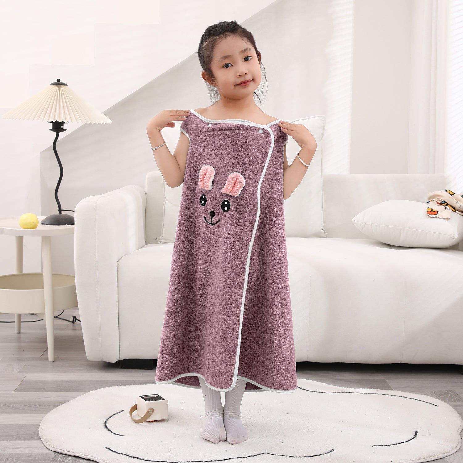 HOUSSE Cat Face Bath Dress for Kids 350 GSM – Wearable Spa Bathdress (65×110 cm) Soft Absorbent Quick-Dry Wrapped Bath Dress for Girls Age (7-9 Years) Gift for Daughter- Ivory Sand