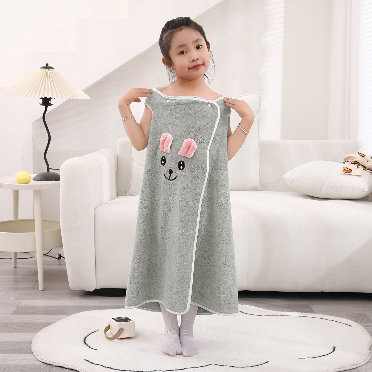 HOUSSE Cat Face Bath Dress for Kids 350 GSM – Wearable Spa Bathdress (65×110 cm) Soft Absorbent Quick-Dry Wrapped Bath Dress for Girls Age (7-9 Years) Gift for Daughter- Ivory Sand