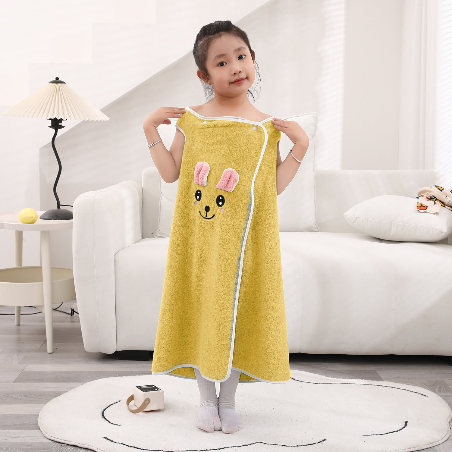 HOUSSE Cat Face Bath Dress for Kids 350 GSM – Wearable Spa Bathdress (65×110 cm) Soft Absorbent Quick-Dry Wrapped Bath Dress for Girls Age (7-9 Years) Gift for Daughter- Ivory Sand